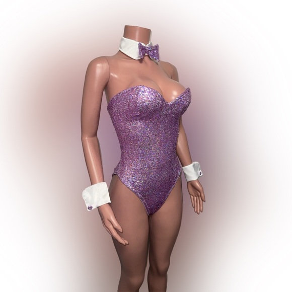 Trashy lingerie purple sequin playboy bunny costume teddy bodysuits set S new - Picture 6 of 8